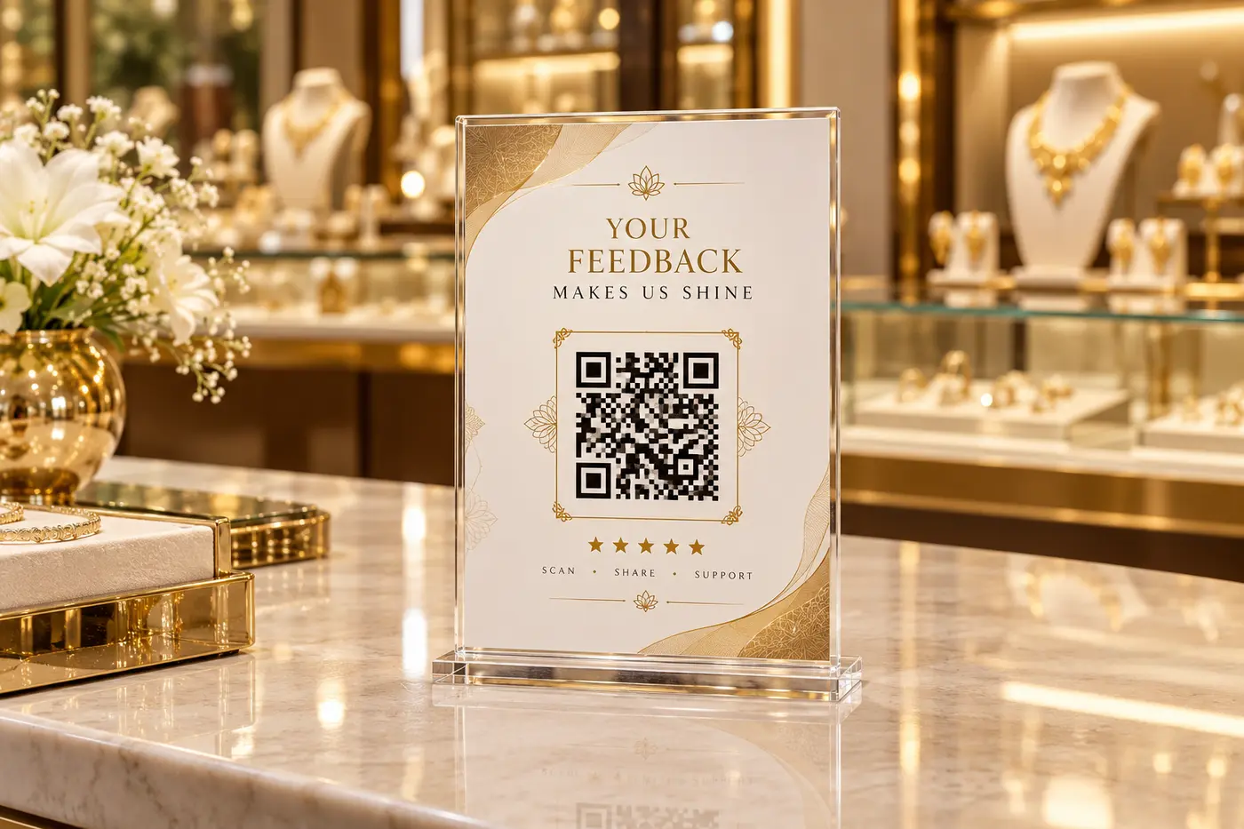Premium jewellery shop acrylic review standee